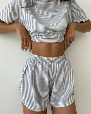 Knitted striped pajamas loose short - sleeved shorts suit - Negative Apparel