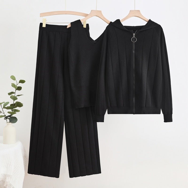 Knitted suit women's casual fashion zipper jacket + vest + wide - leg pants sports three - piece set - Negative Apparel
