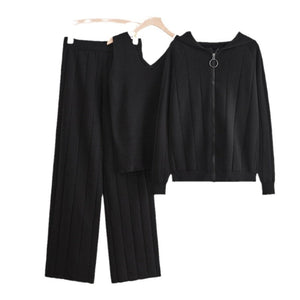 Knitted suit women's casual fashion zipper jacket + vest + wide - leg pants sports three - piece set - Negative Apparel