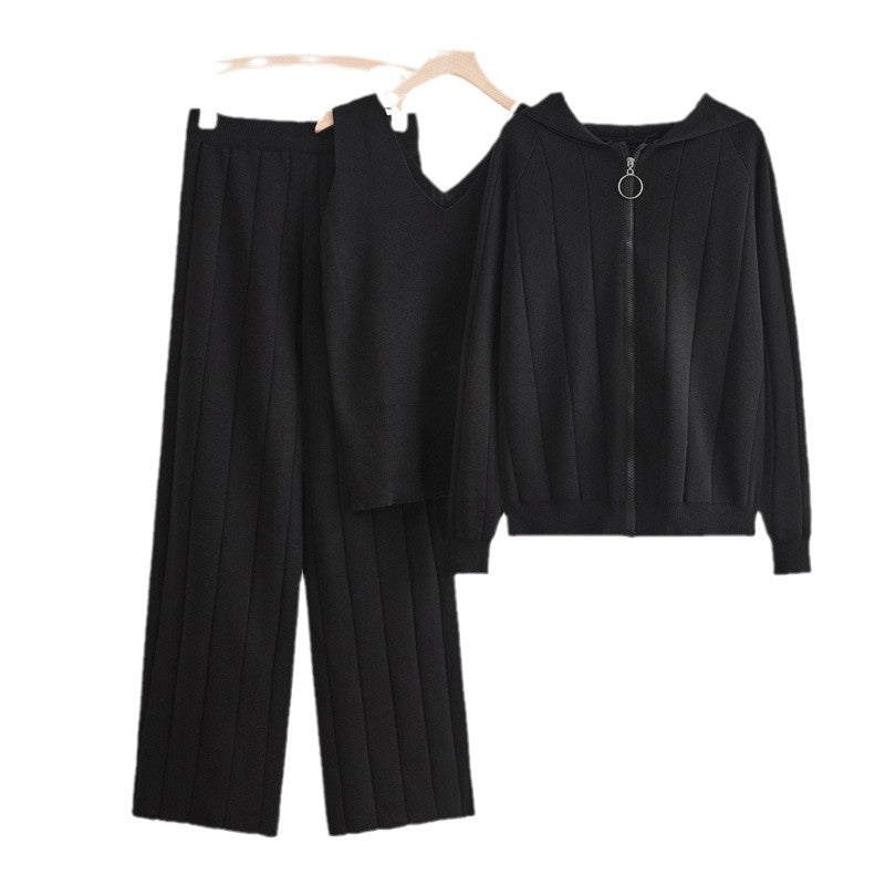 Knitted suit women's casual fashion zipper jacket + vest + wide - leg pants sports three - piece set - Negative Apparel