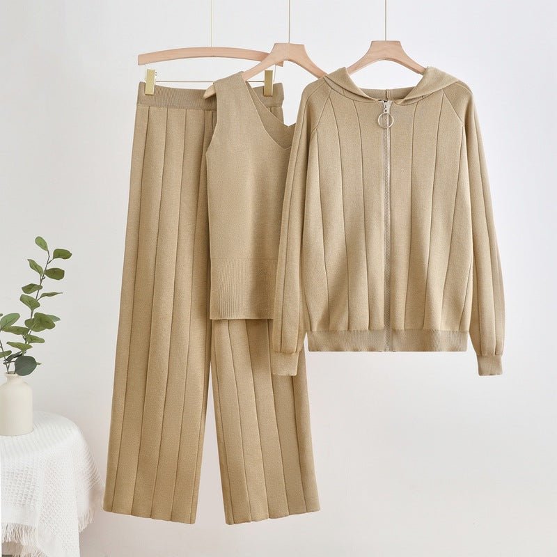 Knitted suit women's casual fashion zipper jacket + vest + wide - leg pants sports three - piece set - Negative Apparel