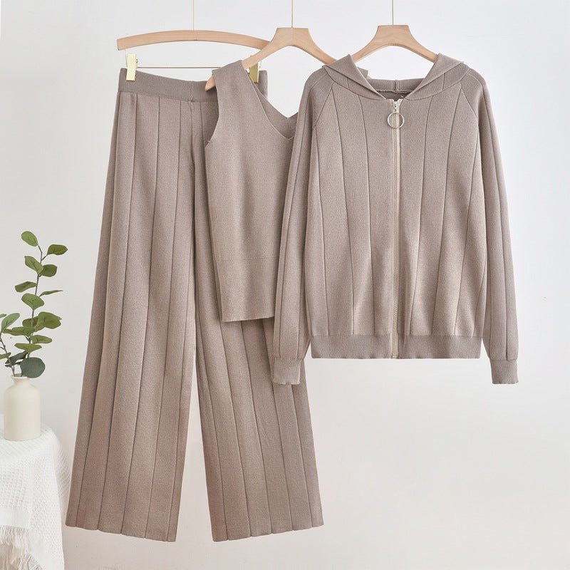 Knitted suit women's casual fashion zipper jacket + vest + wide - leg pants sports three - piece set - Negative Apparel