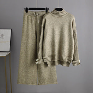 Knitted suit women's semi - turtleneck sweater thickened outer wear loose two - piece set - Negative Apparel