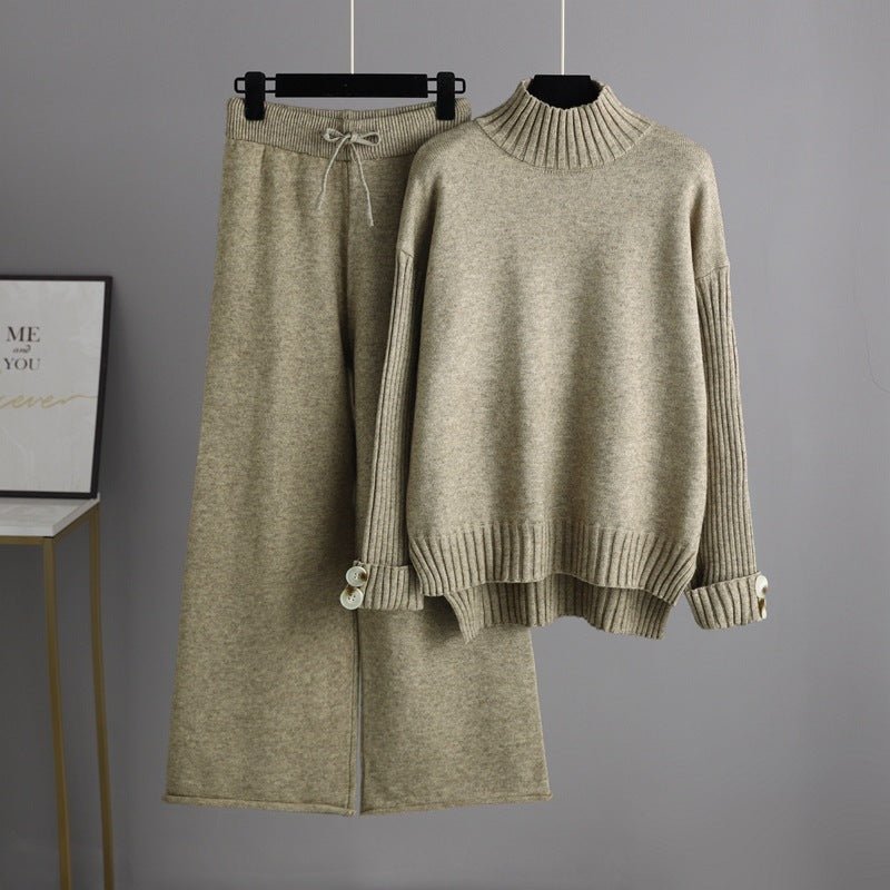 Knitted suit women's semi - turtleneck sweater thickened outer wear loose two - piece set - Negative Apparel