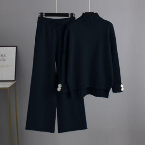 Knitted suit women's semi - turtleneck sweater thickened outer wear loose two - piece set - Negative Apparel