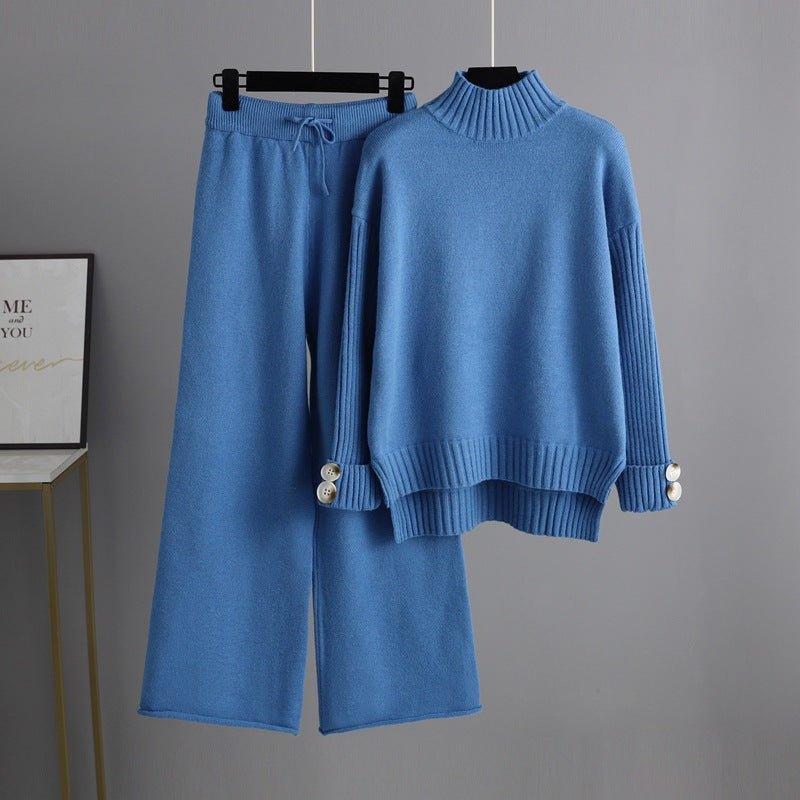 Knitted suit women's semi - turtleneck sweater thickened outer wear loose two - piece set - Negative Apparel