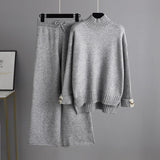 Knitted suit women's semi - turtleneck sweater thickened outer wear loose two - piece set - Negative Apparel