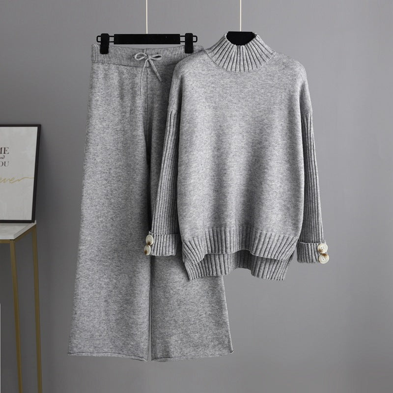 Knitted suit women's semi - turtleneck sweater thickened outer wear loose two - piece set - Negative Apparel