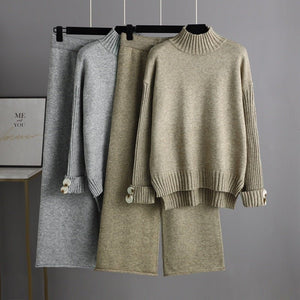 Knitted suit women's semi - turtleneck sweater thickened outer wear loose two - piece set - Negative Apparel