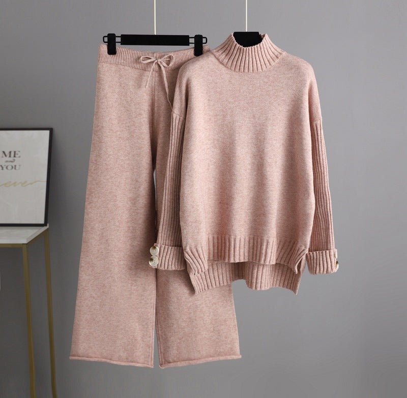 Knitted suit women's semi - turtleneck sweater thickened outer wear loose two - piece set - Negative Apparel