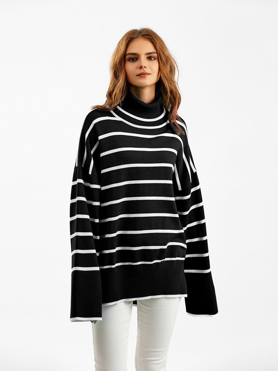 Knitted Sweater Pullover Contrast Color Striped Turtleneck Sweater - Negative Apparel