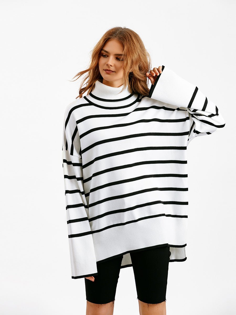 Knitted Sweater Pullover Contrast Color Striped Turtleneck Sweater - Negative Apparel