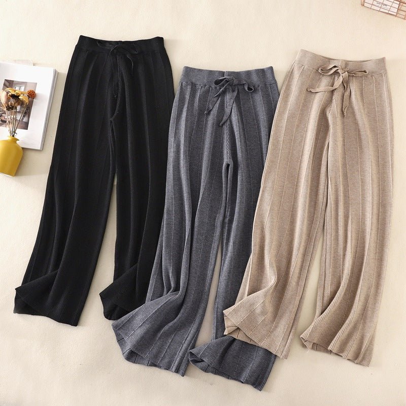 Knitted thick wide - leg pants for women high waist loose drape straight casual long pants loose vertical stripes - Negative Apparel