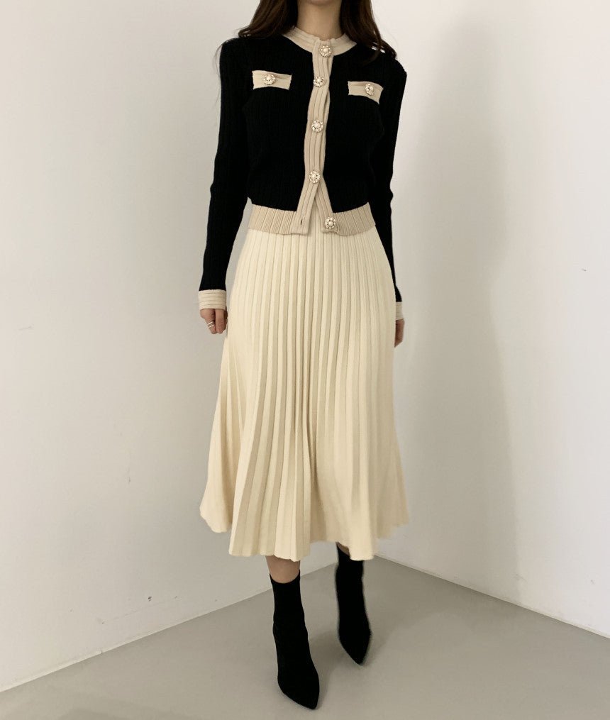 Korean chic elegant light slim and thin color matching knitted cardigan women's sweater jacket + knitted skirt - Negative Apparel