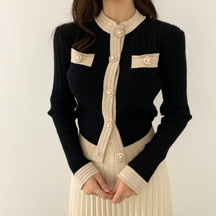 Korean chic elegant light slim and thin color matching knitted cardigan women's sweater jacket + knitted skirt - Negative Apparel