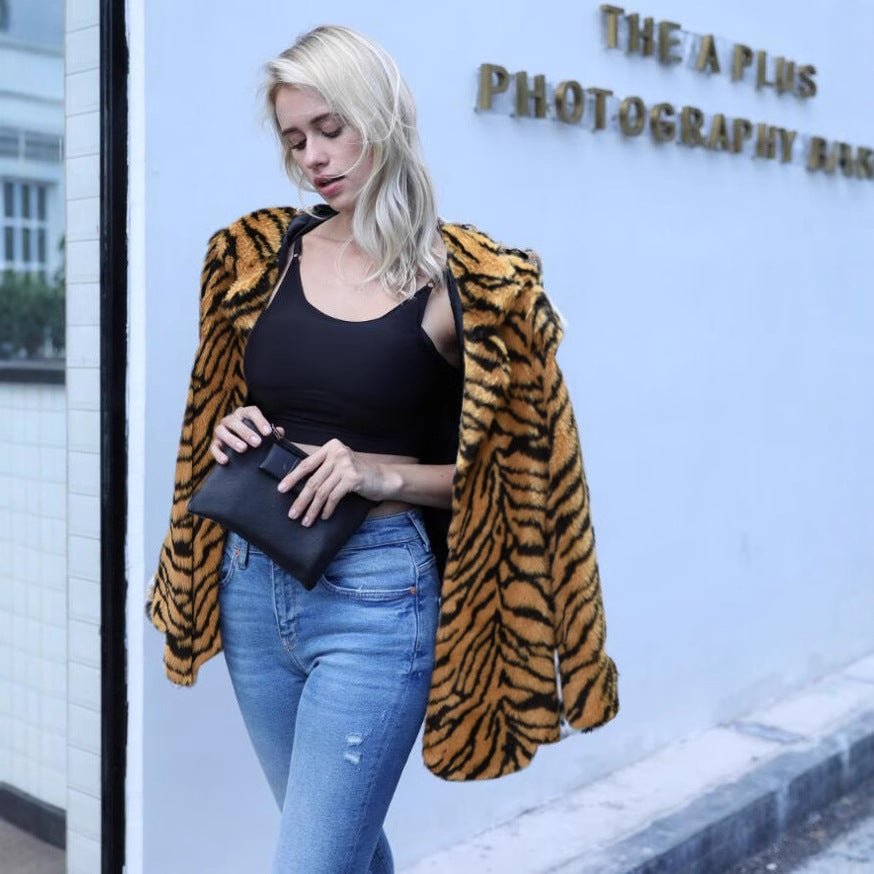 Korean imitation fur medium and long suit, sxy snow - white tiger pattern imitation fur jacket, black and white selection - Negative Apparel