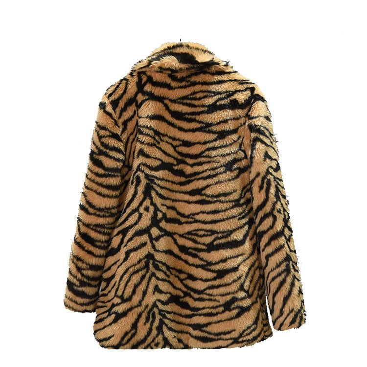 Korean imitation fur medium and long suit, sxy snow - white tiger pattern imitation fur jacket, black and white selection - Negative Apparel