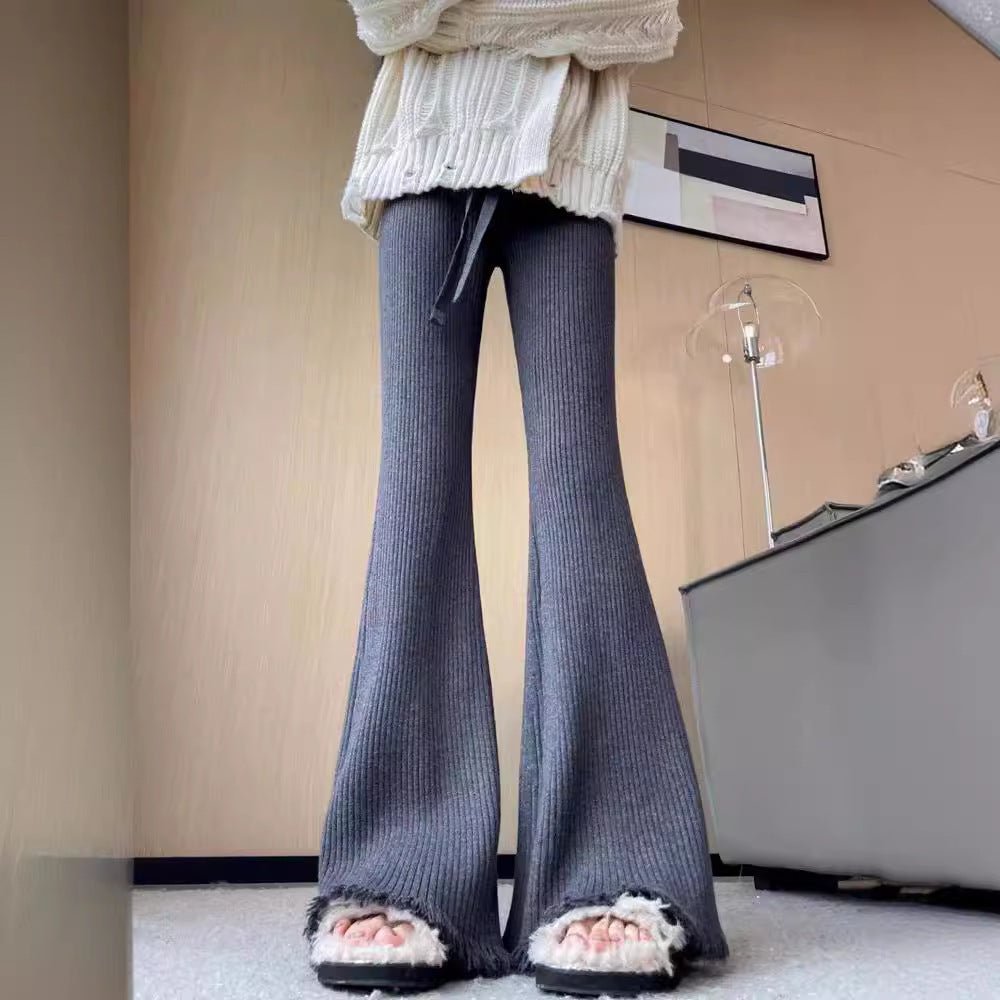 Korean knitted women's tassel flared pants mopping drape narrow version wide leg pants thick - Negative Apparel