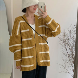 Korean lazy style contrast color striped knitted cardigan - Negative Apparel