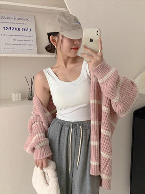 Korean lazy style contrast color striped knitted cardigan - Negative Apparel