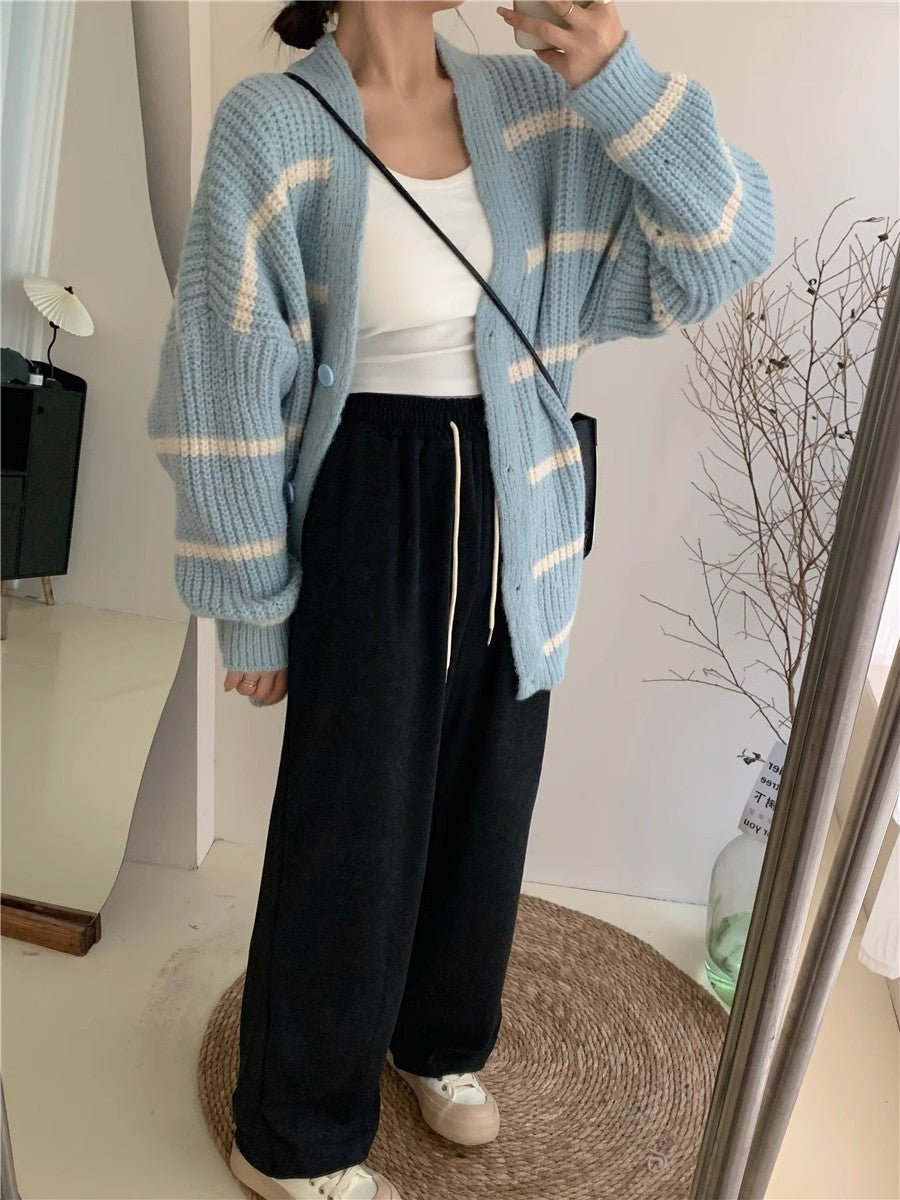 Korean lazy style contrast color striped knitted cardigan - Negative Apparel