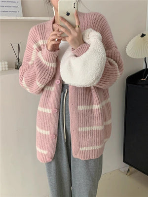 Korean lazy style contrast color striped knitted cardigan - Negative Apparel