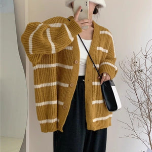 Korean lazy style contrast color striped knitted cardigan - Negative Apparel