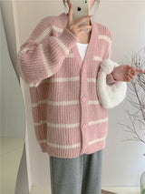 Korean lazy style contrast color striped knitted cardigan - Negative Apparel