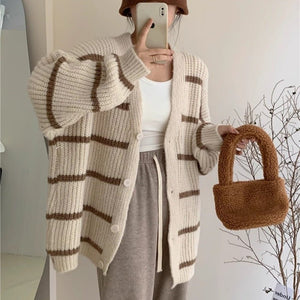 Korean lazy style contrast color striped knitted cardigan - Negative Apparel