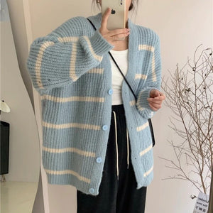 Korean lazy style contrast color striped knitted cardigan - Negative Apparel