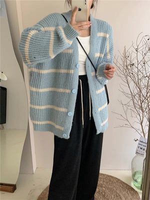 Korean lazy style contrast color striped knitted cardigan - Negative Apparel