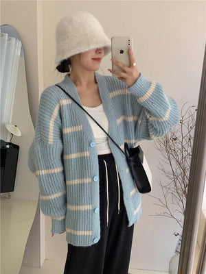 Korean lazy style contrast color striped knitted cardigan - Negative Apparel