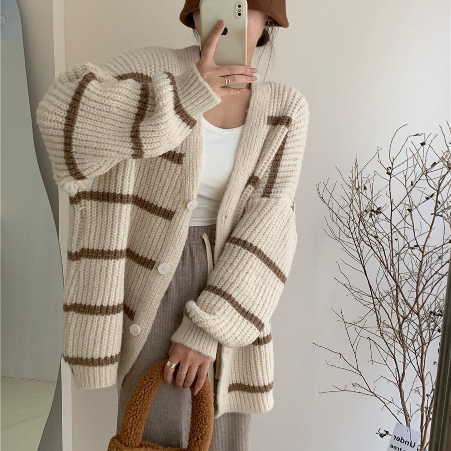 Korean lazy style contrast color striped knitted cardigan - Negative Apparel