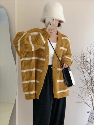 Korean lazy style contrast color striped knitted cardigan - Negative Apparel