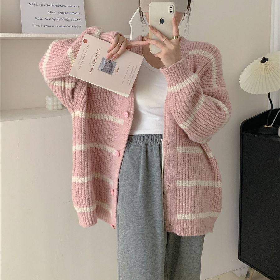 Korean lazy style contrast color striped knitted cardigan - Negative Apparel