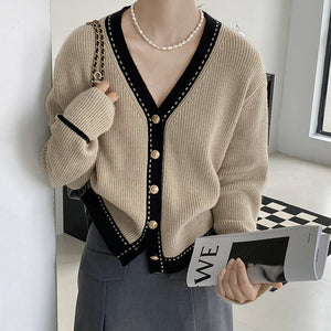 Korean style gentle lazy style loose V - neck slimming ribbed sweater jacket for women - Negative Apparel