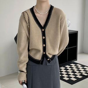 Korean style gentle lazy style loose V - neck slimming ribbed sweater jacket for women - Negative Apparel