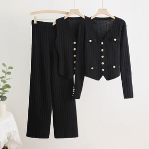 Korean style long - sleeved V - neck single - breasted knitted jacket three - piece vest high waist straight wide - leg pants - Negative Apparel