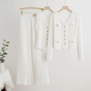 Korean style long - sleeved V - neck single - breasted knitted jacket three - piece vest high waist straight wide - leg pants - Negative Apparel