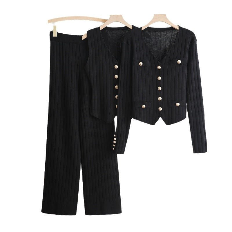 Korean style long - sleeved V - neck single - breasted knitted jacket three - piece vest high waist straight wide - leg pants - Negative Apparel