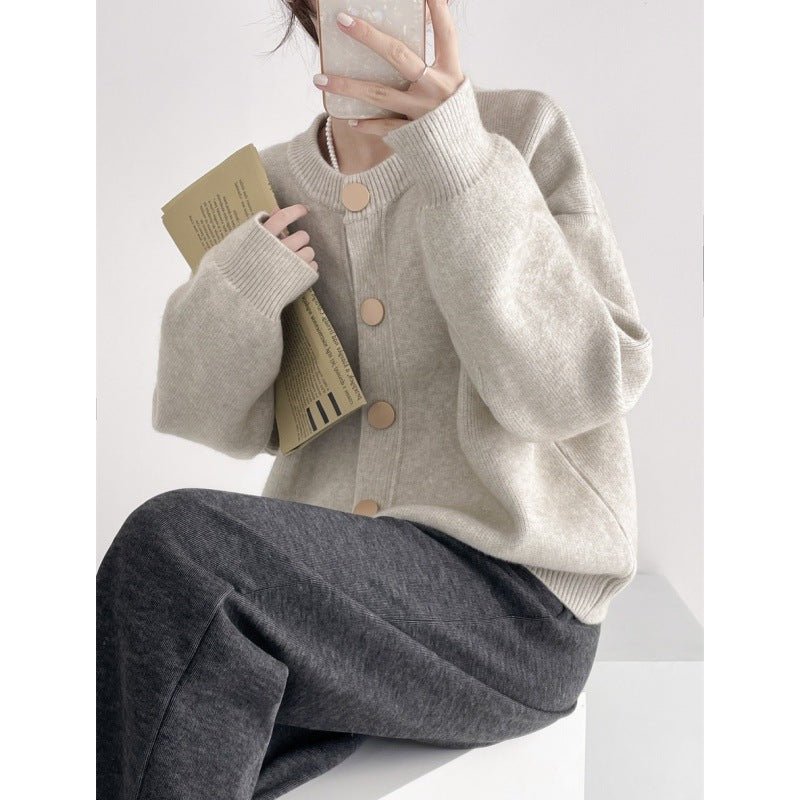 Korean Style Loose Knit Cardigan – Crew Neck Multi - Buckle Button Sweater for Women - Negative Apparel