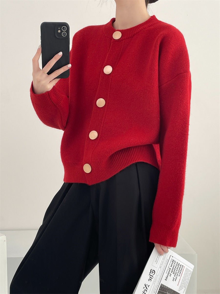 Korean Style Loose Knit Cardigan – Crew Neck Multi - Buckle Button Sweater for Women - Negative Apparel
