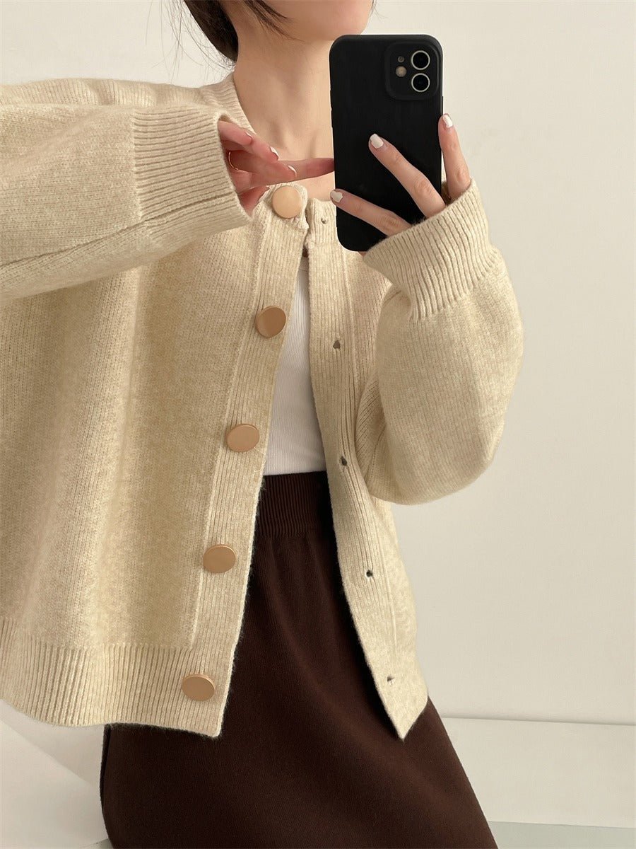 Korean Style Loose Knit Cardigan – Crew Neck Multi - Buckle Button Sweater for Women - Negative Apparel
