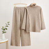Korean turtleneck sweater button splicing design sense solid color wide - leg pants two - piece set - Negative Apparel