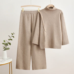 Korean turtleneck sweater button splicing design sense solid color wide - leg pants two - piece set - Negative Apparel