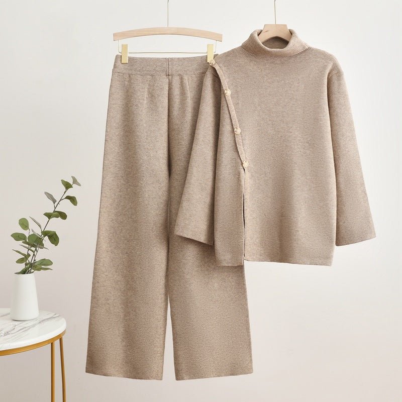 Korean turtleneck sweater button splicing design sense solid color wide - leg pants two - piece set - Negative Apparel