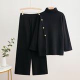 Korean turtleneck sweater button splicing design sense solid color wide - leg pants two - piece set - Negative Apparel