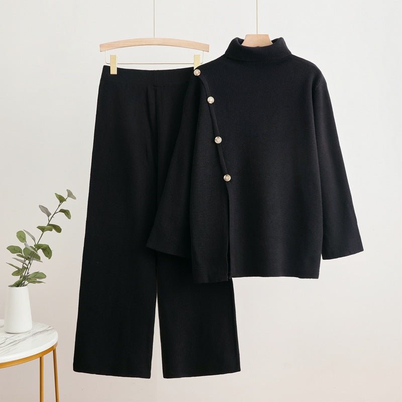 Korean turtleneck sweater button splicing design sense solid color wide - leg pants two - piece set - Negative Apparel