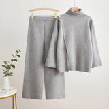 Korean turtleneck sweater button splicing design sense solid color wide - leg pants two - piece set - Negative Apparel