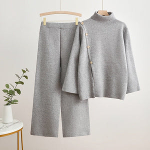 Korean turtleneck sweater button splicing design sense solid color wide - leg pants two - piece set - Negative Apparel